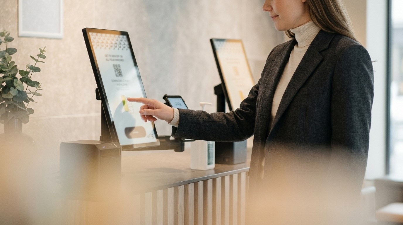 People using digital kiosk for check-in. Modern technology. QR code scan.