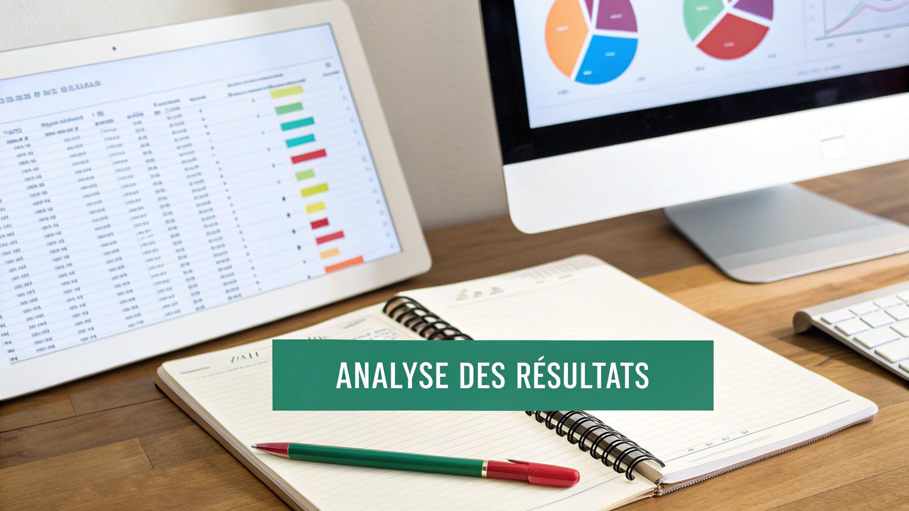 Tablette et écran d'ordinateur affichant des données et des graphiques, avec un carnet et un stylo, illustrant l'analyse des résultats.