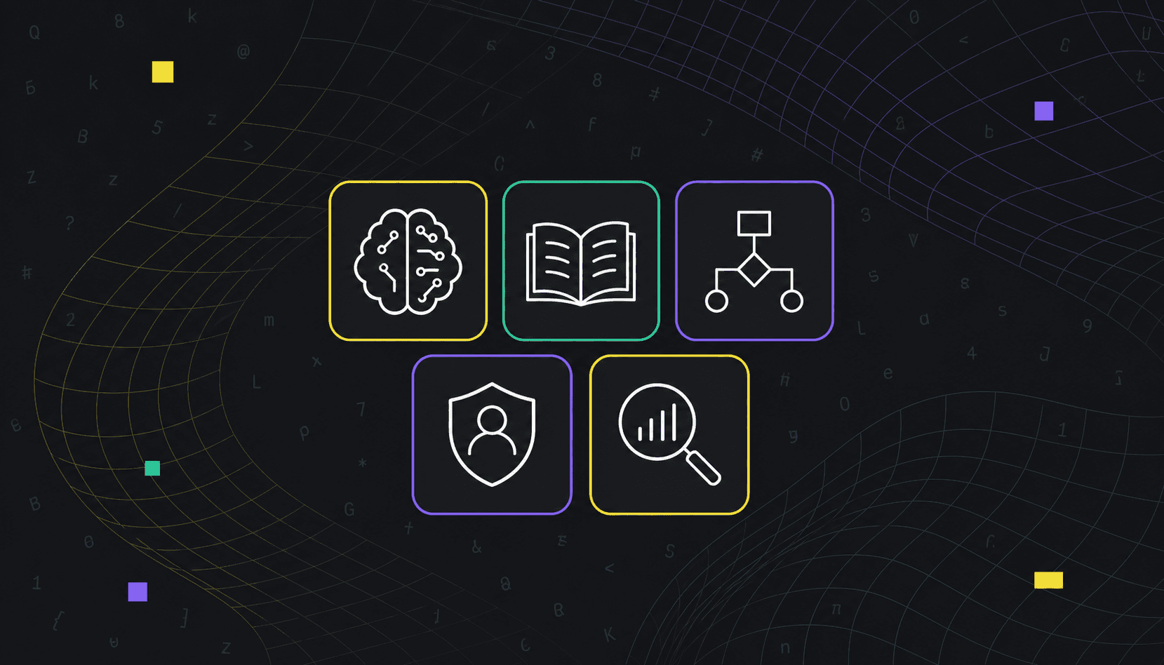 Illustrated graphic over a dark backgroud with five icons, including a brain, a book, an architecture diagram, a shield, and a magnifying glass.