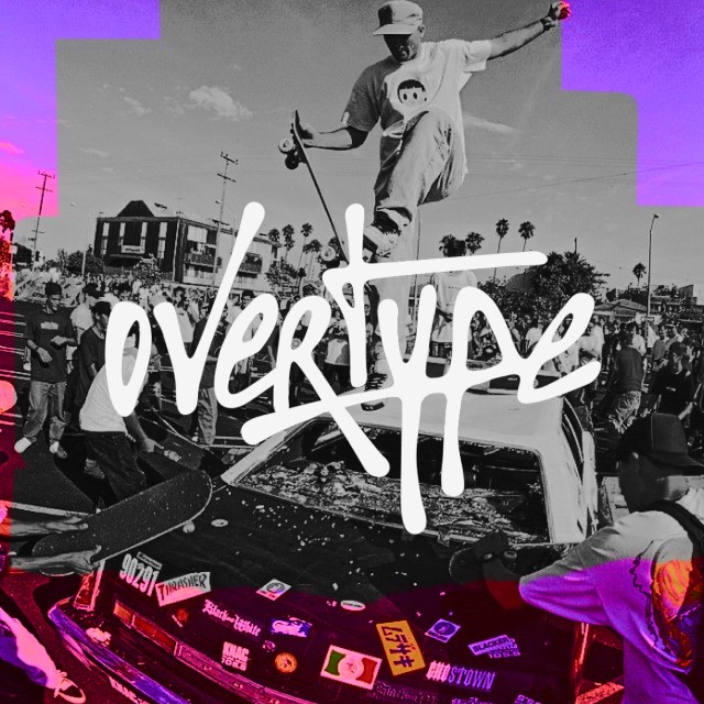 A skateboarder performs a trick on top of a car covered in skateboard stickers, surrounded by a lively crowd at an outdoor event with palm trees in the background, highlighted by a bold "Overtype" logo.
