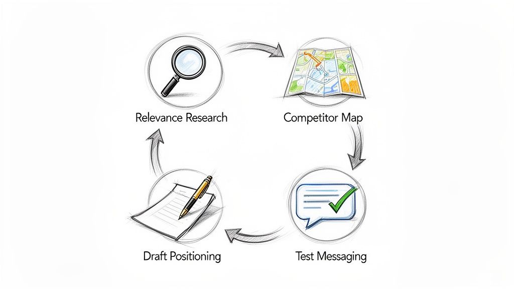 Diagram showing a four-step market positioning strategy cycle: research, competitor mapping, test messaging, and drafting.