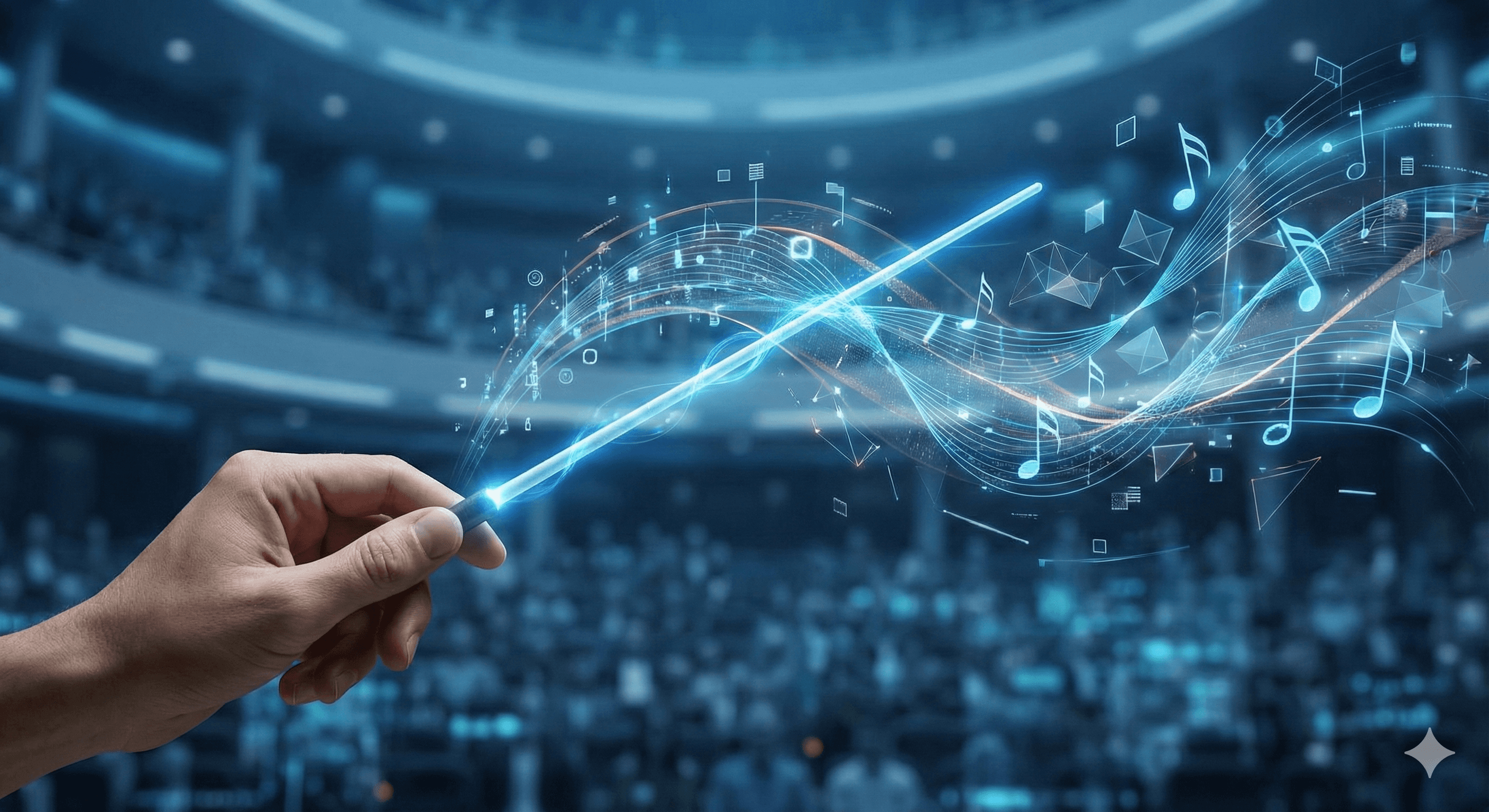 Hand directing a glowing blue digital light beam, representing human-led AI strategy and intelligent technology in action