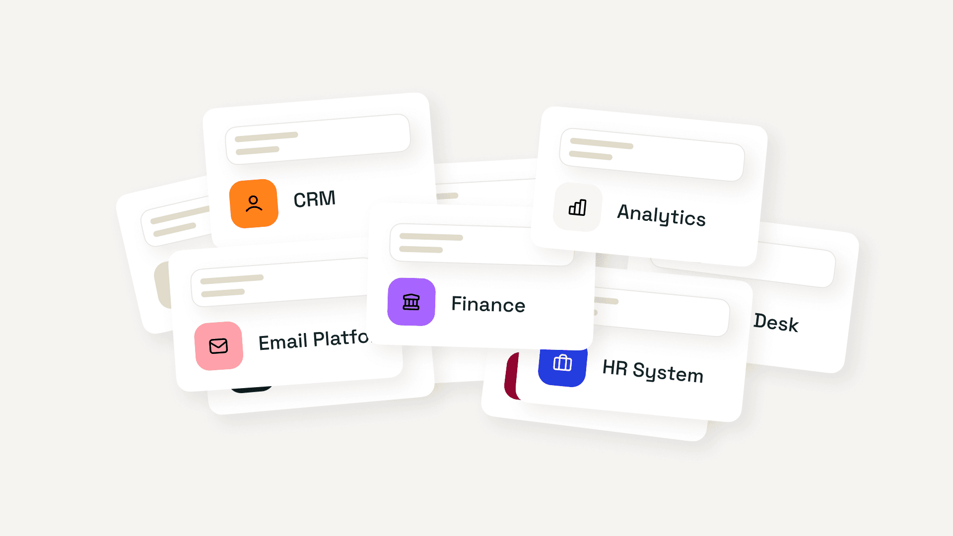 Multiple SaaS application cards representing CRM, analytics, finance, and project tools stacked together.