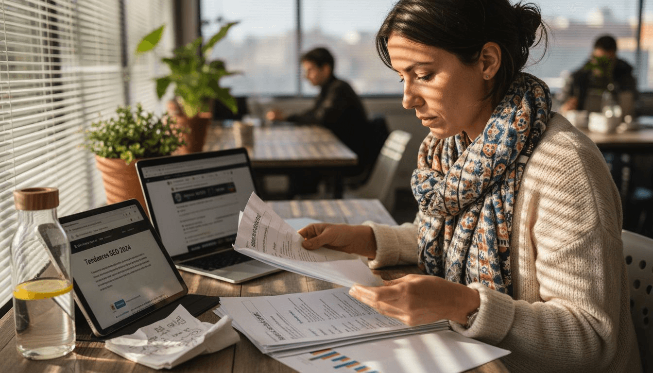 Une jeune femme analyse des rapports de référencement naturel dans un espace de coworking moderne.