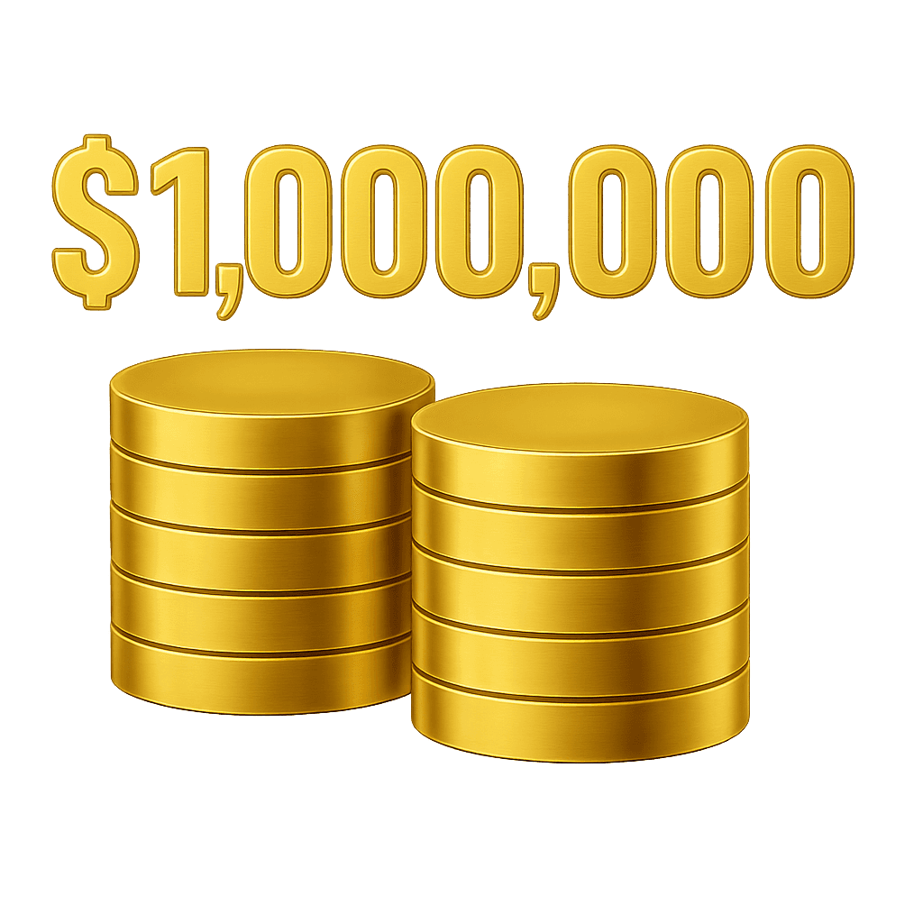 3D gold illustration with the text $1,000,000 above stacked coins and a clock icon