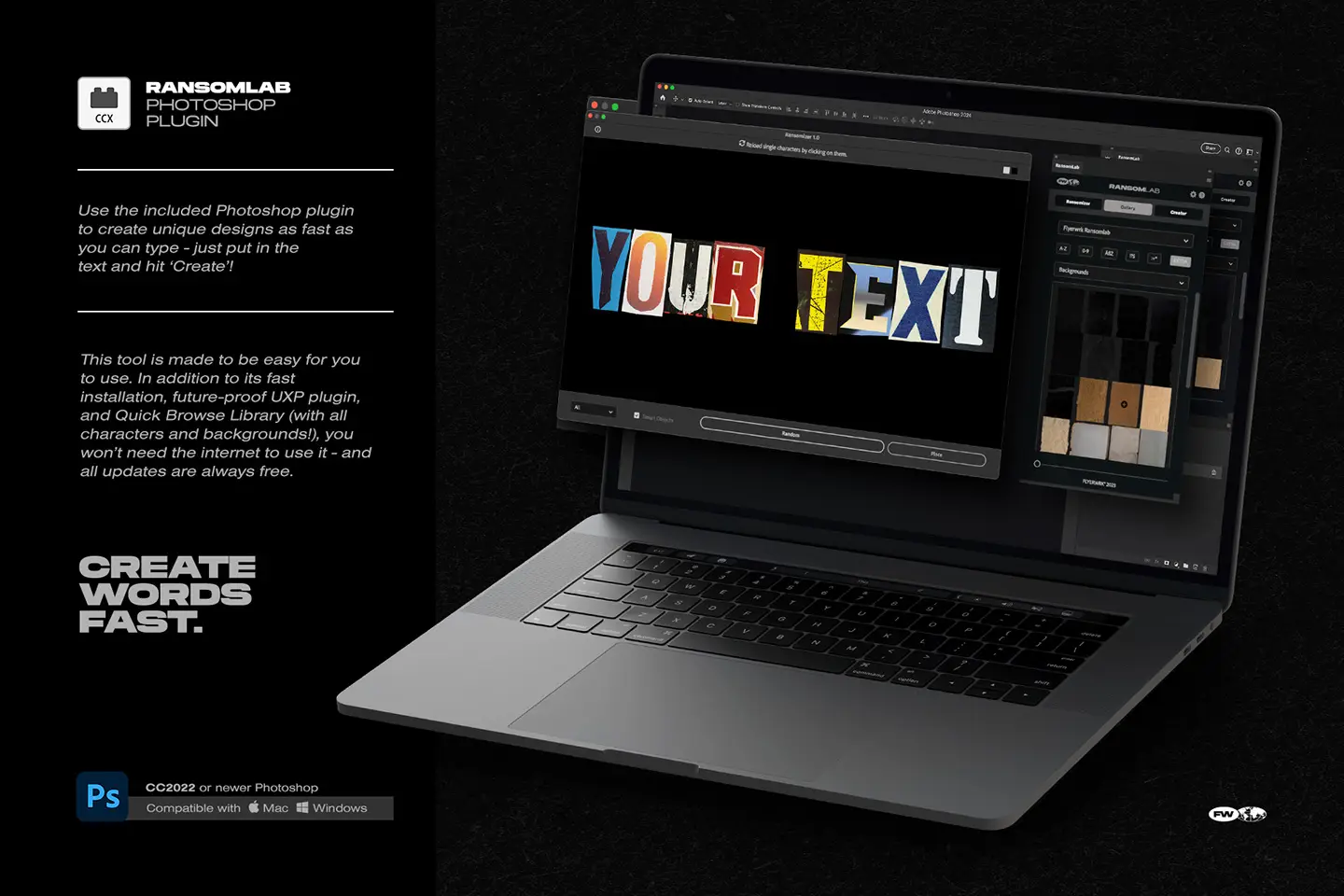 RansomLab Photoshop plugin interface on a laptop showing the fast word creation and library browse features