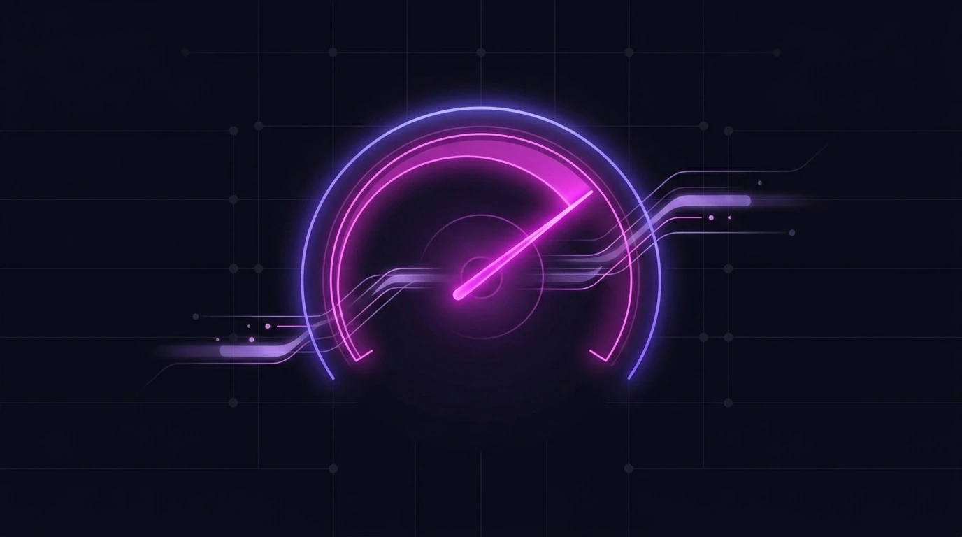 An abstract representation of high-speed digital performance with a glowing magenta speedometer needle on a dark grid.