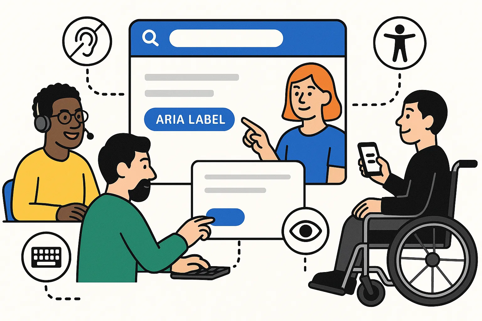 Inclusive enterprise UI accessibility with ARIA labels, screen readers, keyboard navigation, and diverse users interacting with accessible interfaces.