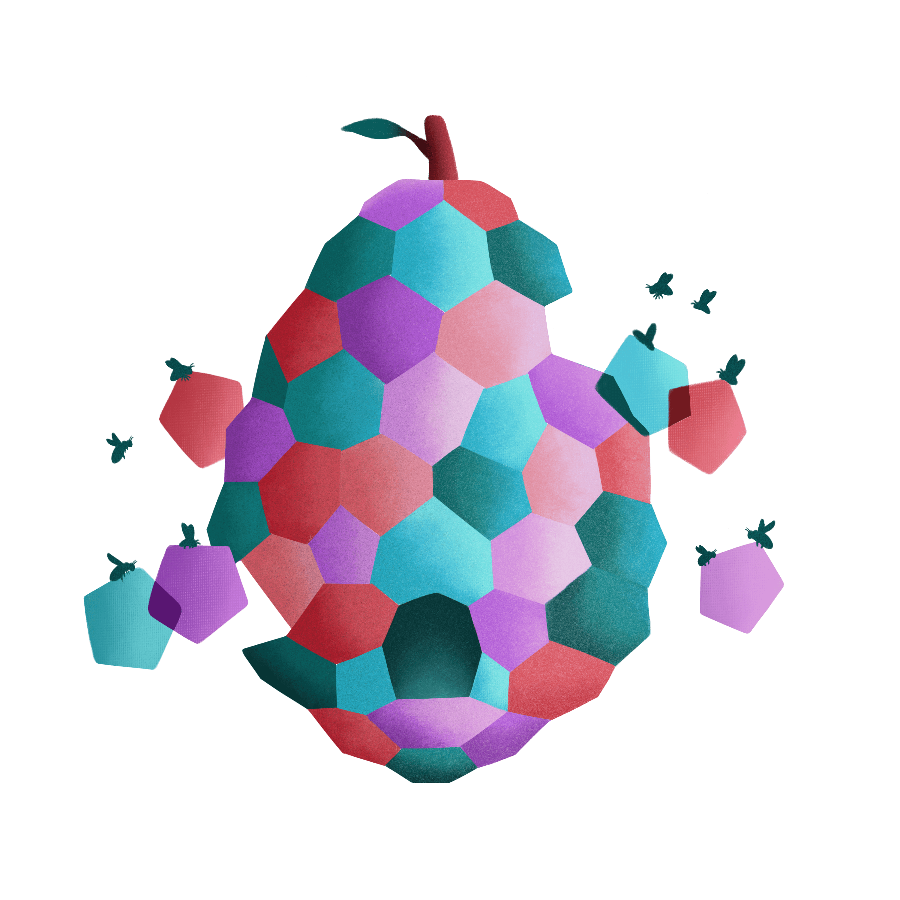 A multi-colored beehive surrounded by hexagon shapes and bees