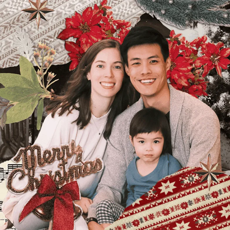 Red 'Merry Christmas and a Happy New Year' card template with a photo of children in holiday pajamas