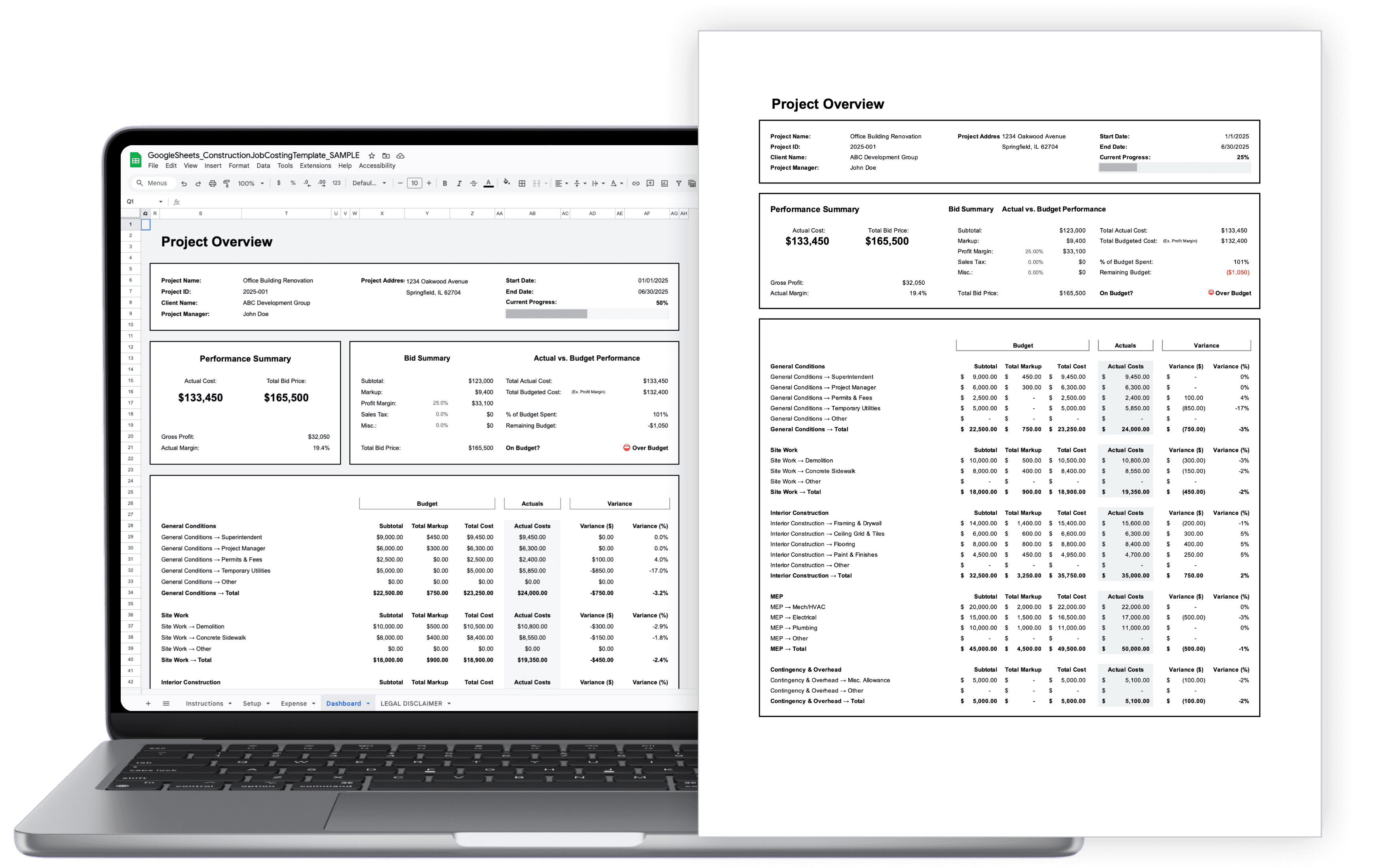 Construction job costing tracker dashboard in Google Sheets on laptop – actual vs budget, variance analysis, and profit margin overview