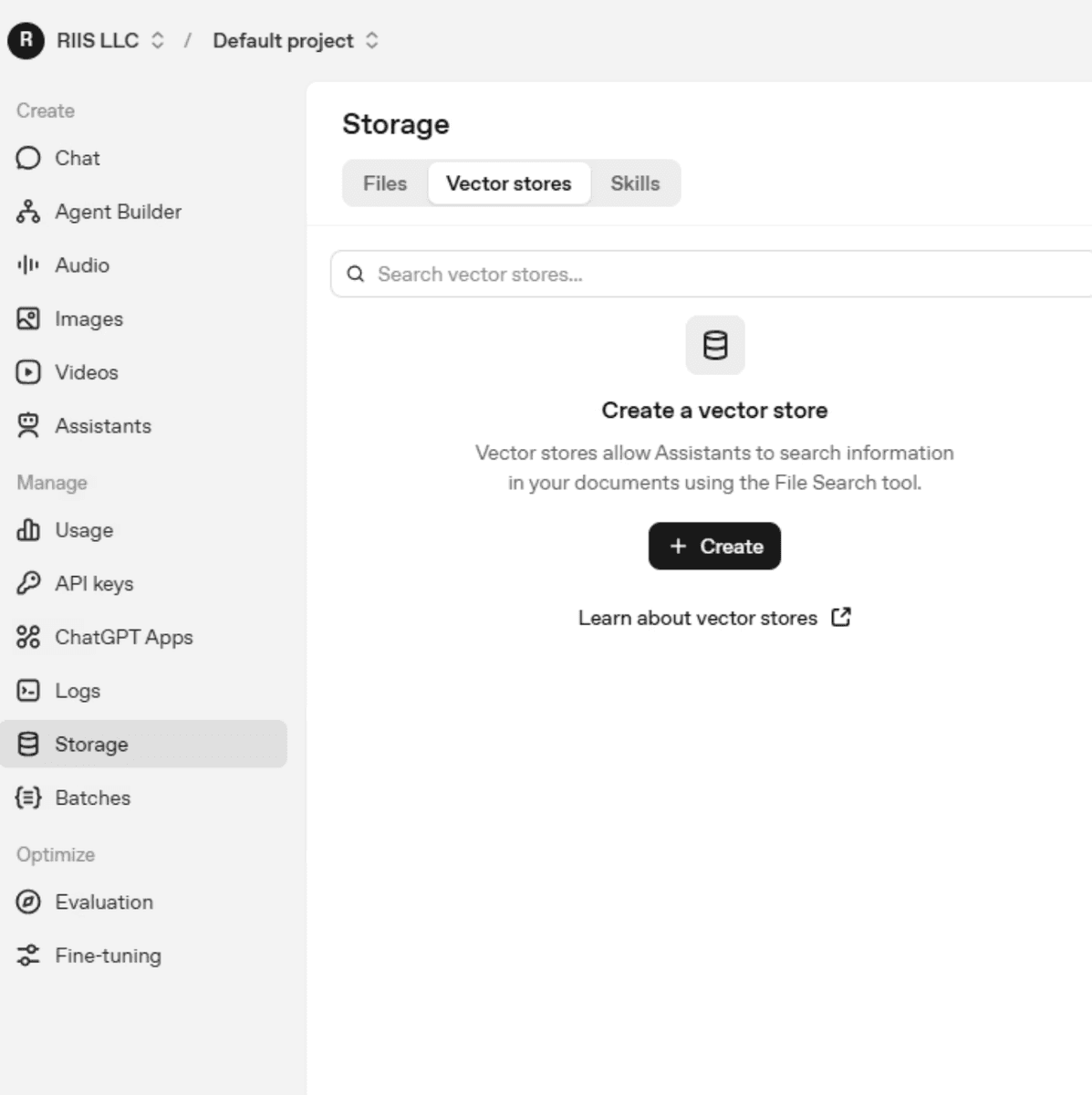 Screenshot of a vector stores management interface in RIIS LLC’s default project, showing storage options and a prompt to create a new vector store for document search functionality.