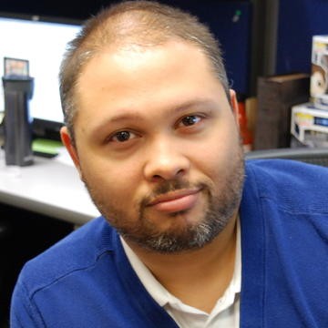 man with blue shirt