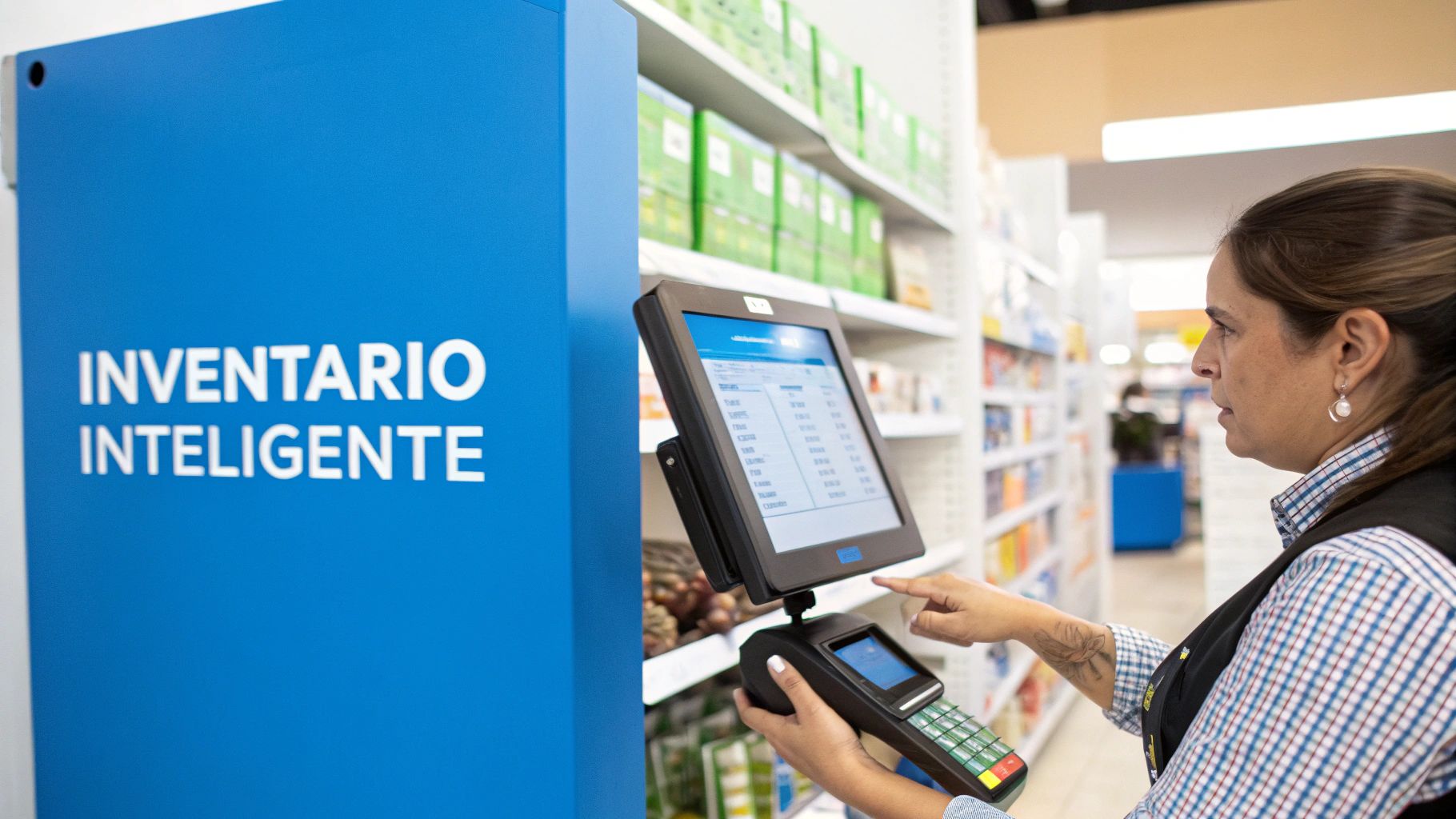 Mujer en una tienda interactuando con un sistema de inventario inteligente y un terminal POS, gestionando productos.
