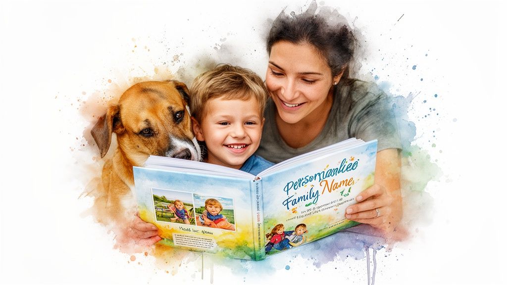 Smiling mother, child, and dog reading a customized 