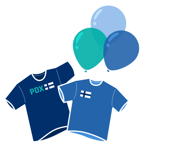 Illustration of balloons and PDX Finn and Finnish flag shirts