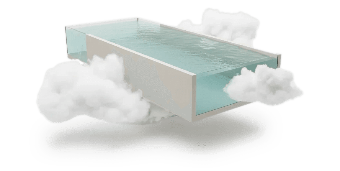 Ilustração de piscina flutuando sobre nuvens, representando a leveza da fibra de vidro Garden