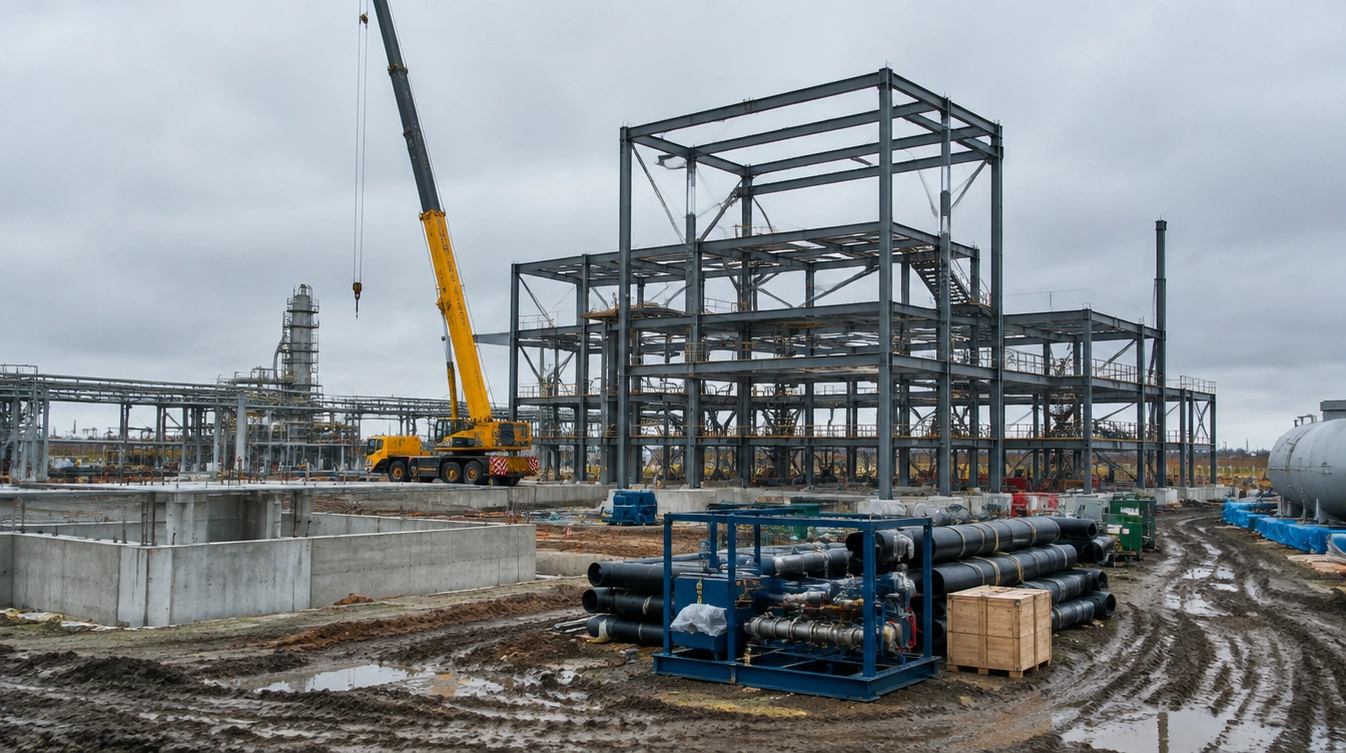 Hydrogen plant construction site with steel framing and a mobile crane