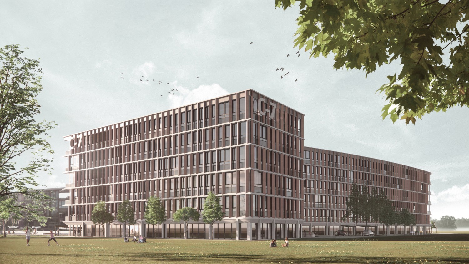 Architektonische Visualisierung eines modernen, geschwungenen Bürogebäudes mit großflächigen Glasfassaden und klaren Linien an der Köpenicker Straße; weitläufige Grünfläche im Vordergrund mit Menschen, die sich im Park aufhalten; Projekt der kba Architekten und Ingenieure GmbH.