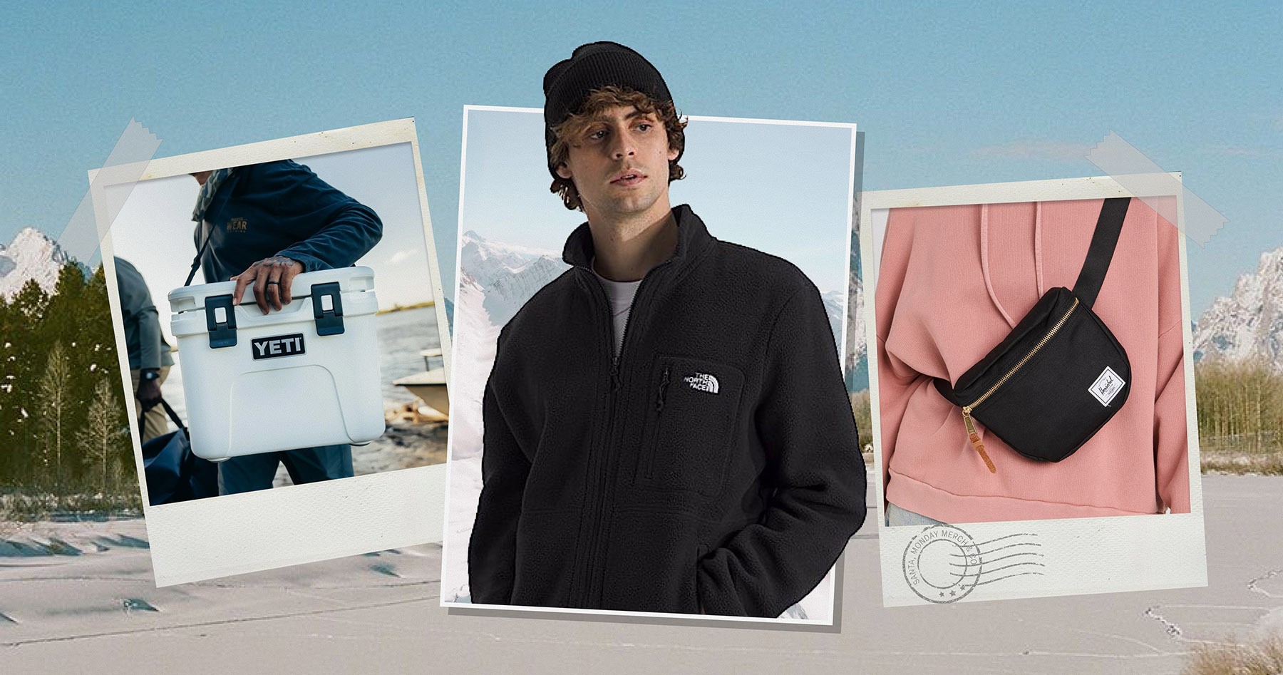 Winter corporate gift ideas featuring Yeti cooler, The North Face fleece jacket, and Herschel sling bag.