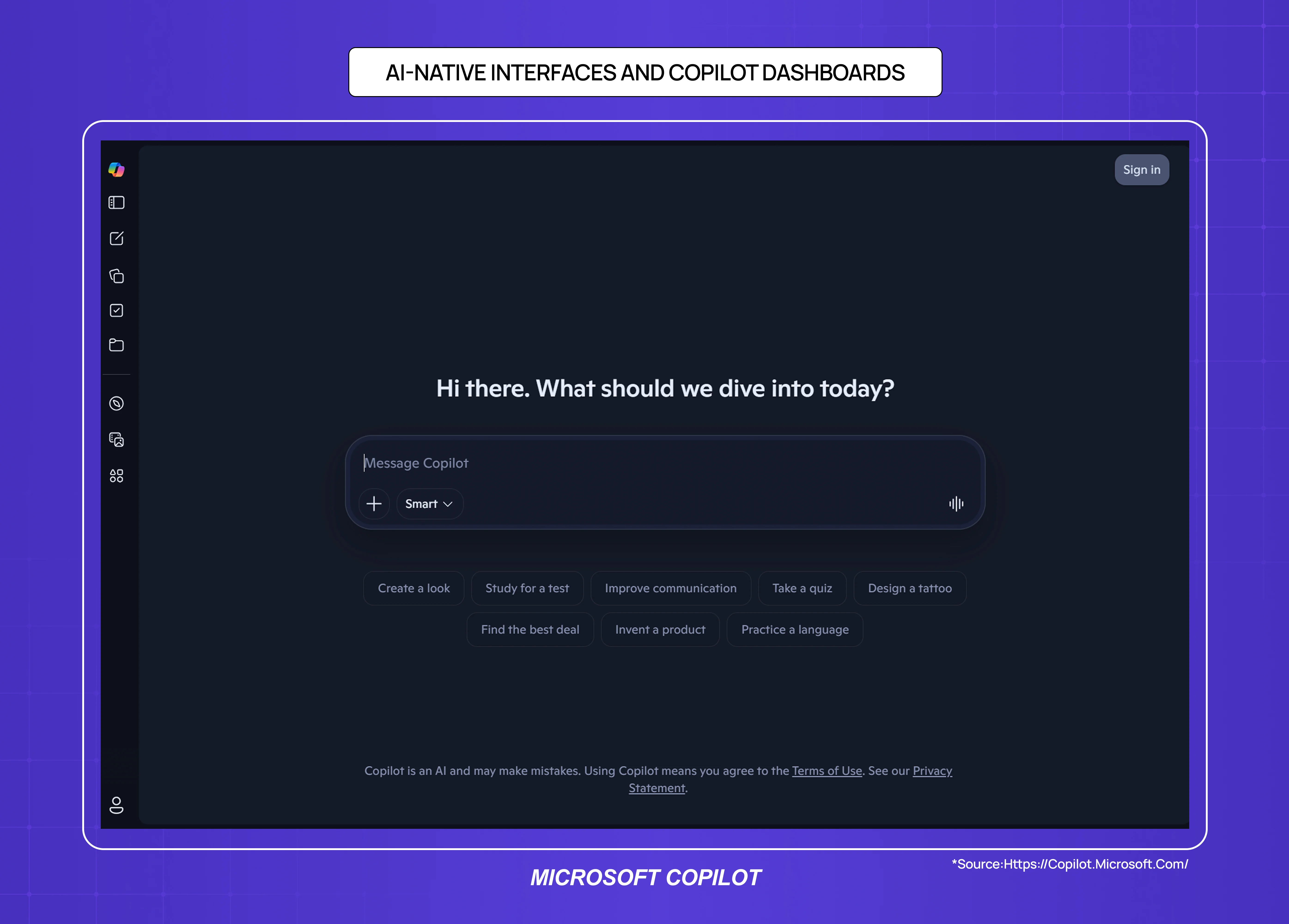 Microsoft Copilot AI-native dashboard with conversational interface, dark theme UI, and productivity-focused quick actions.