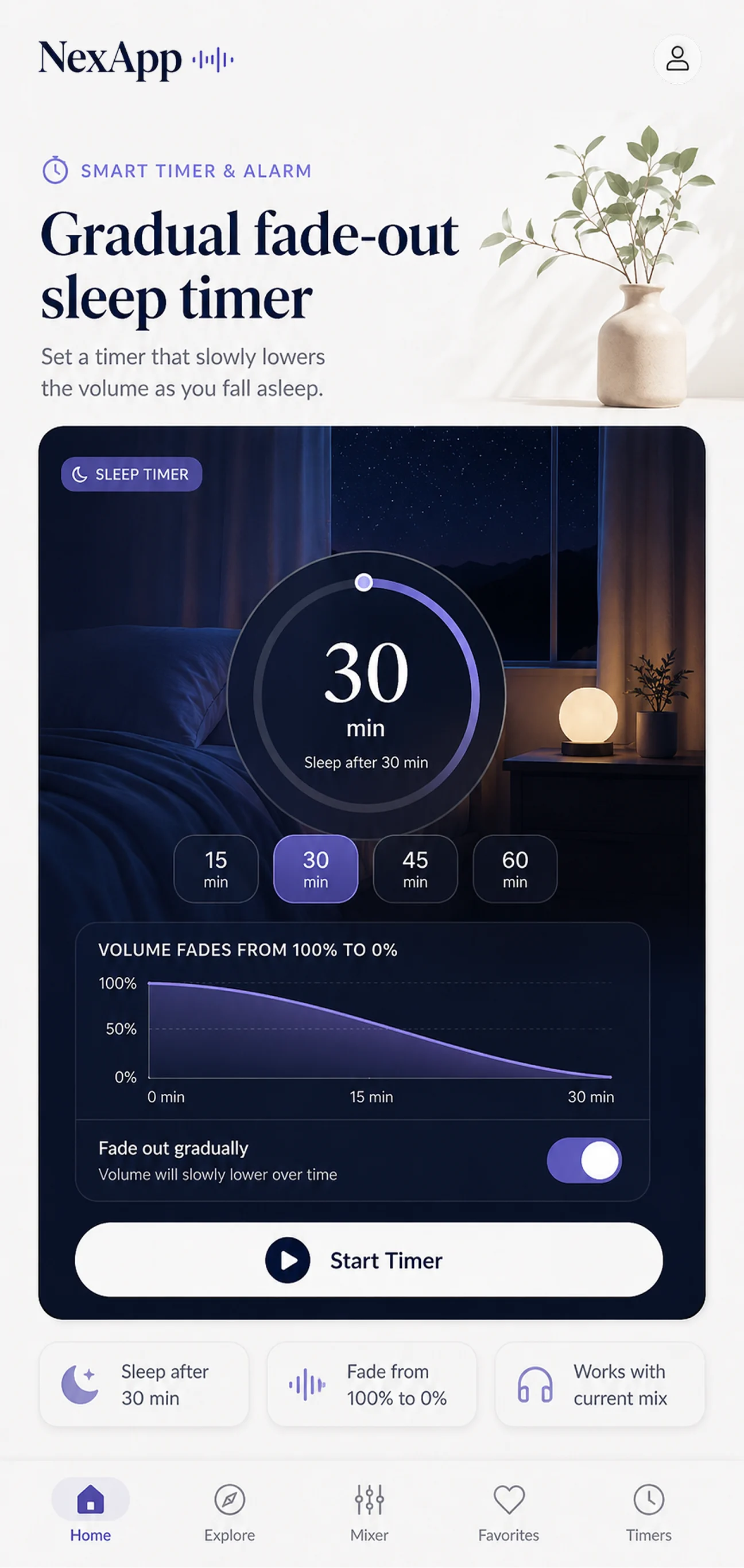 NexApp sleep timer screen with gradual volume fade-out, duration controls, and bedtime playback settings.