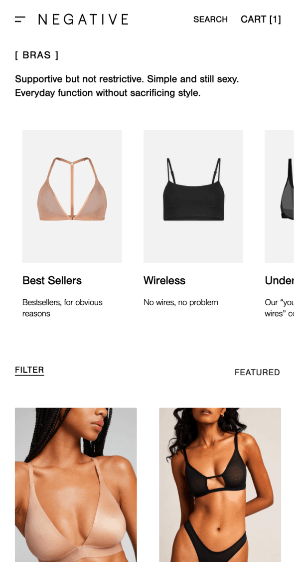 Mobile collection page for Negative Underwear displaying lingerie styles