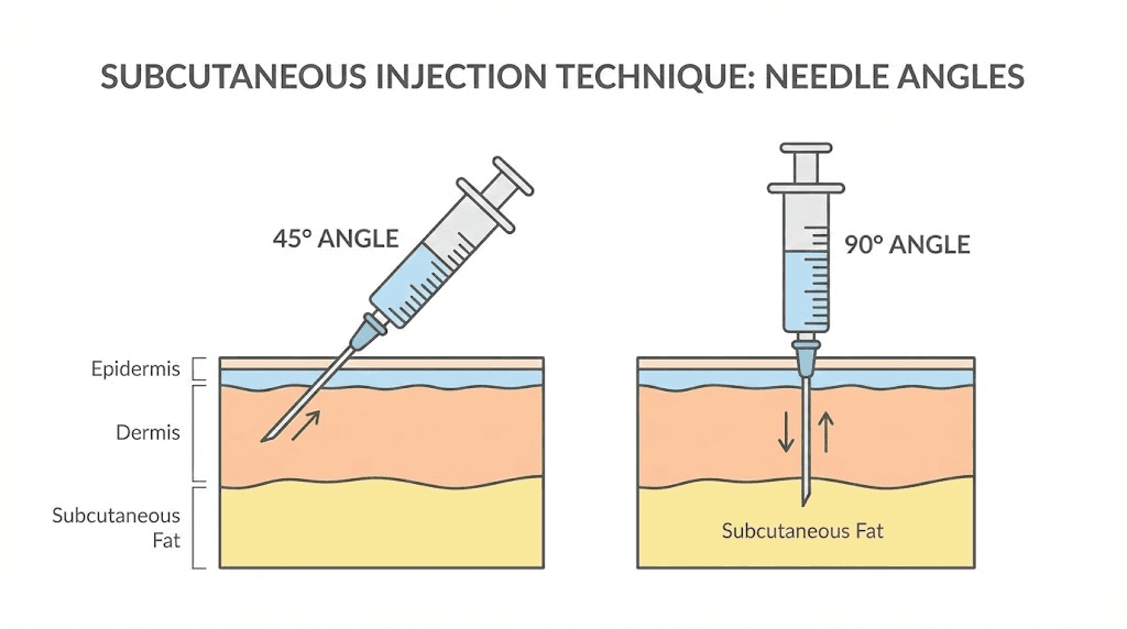 Proper subcutaneous injection angle for retatrutide showing 45 and 90 degree needle insertion