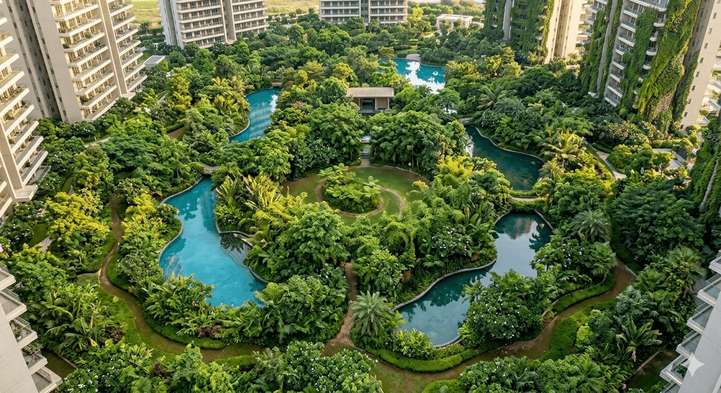 Aerial view of 6-acre lush green central park and water bodies in a residential estate