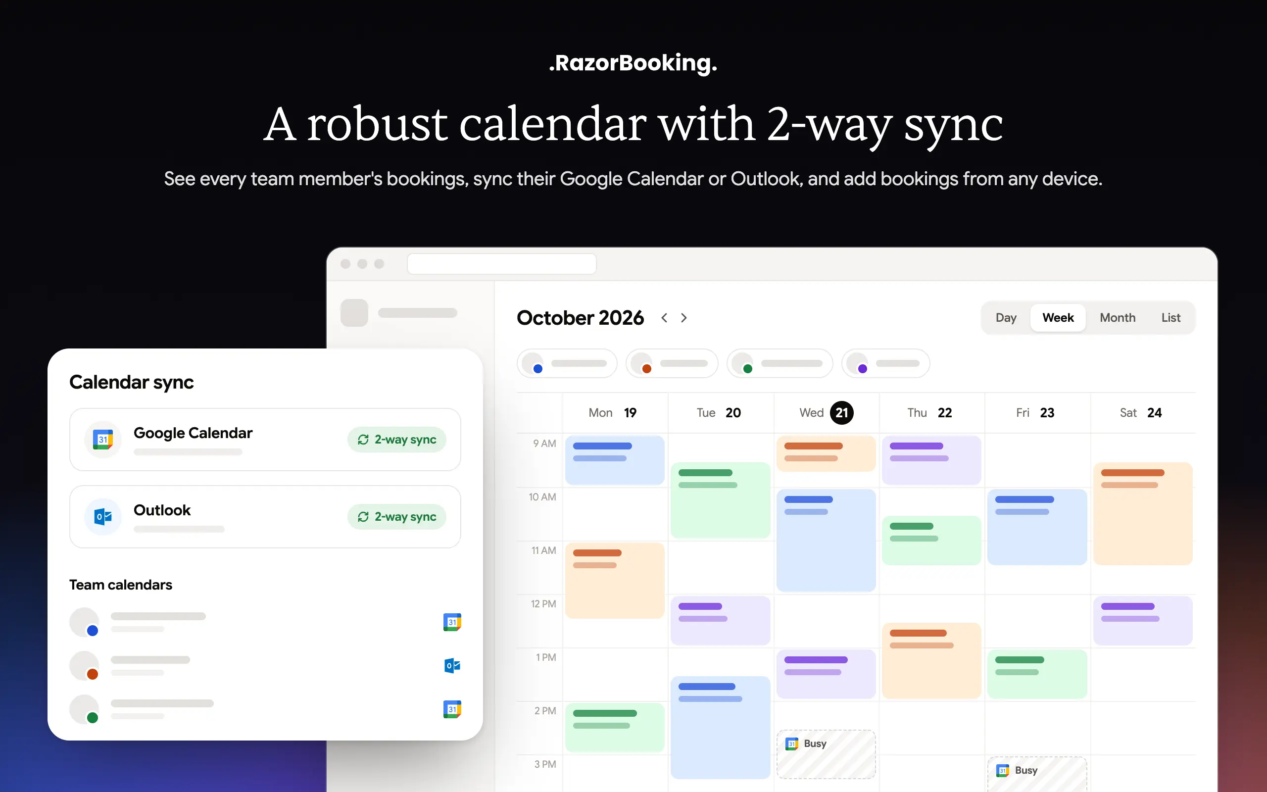 RazorBooking week calendar with team members' Google Calendar and Outlook connected by two-way sync