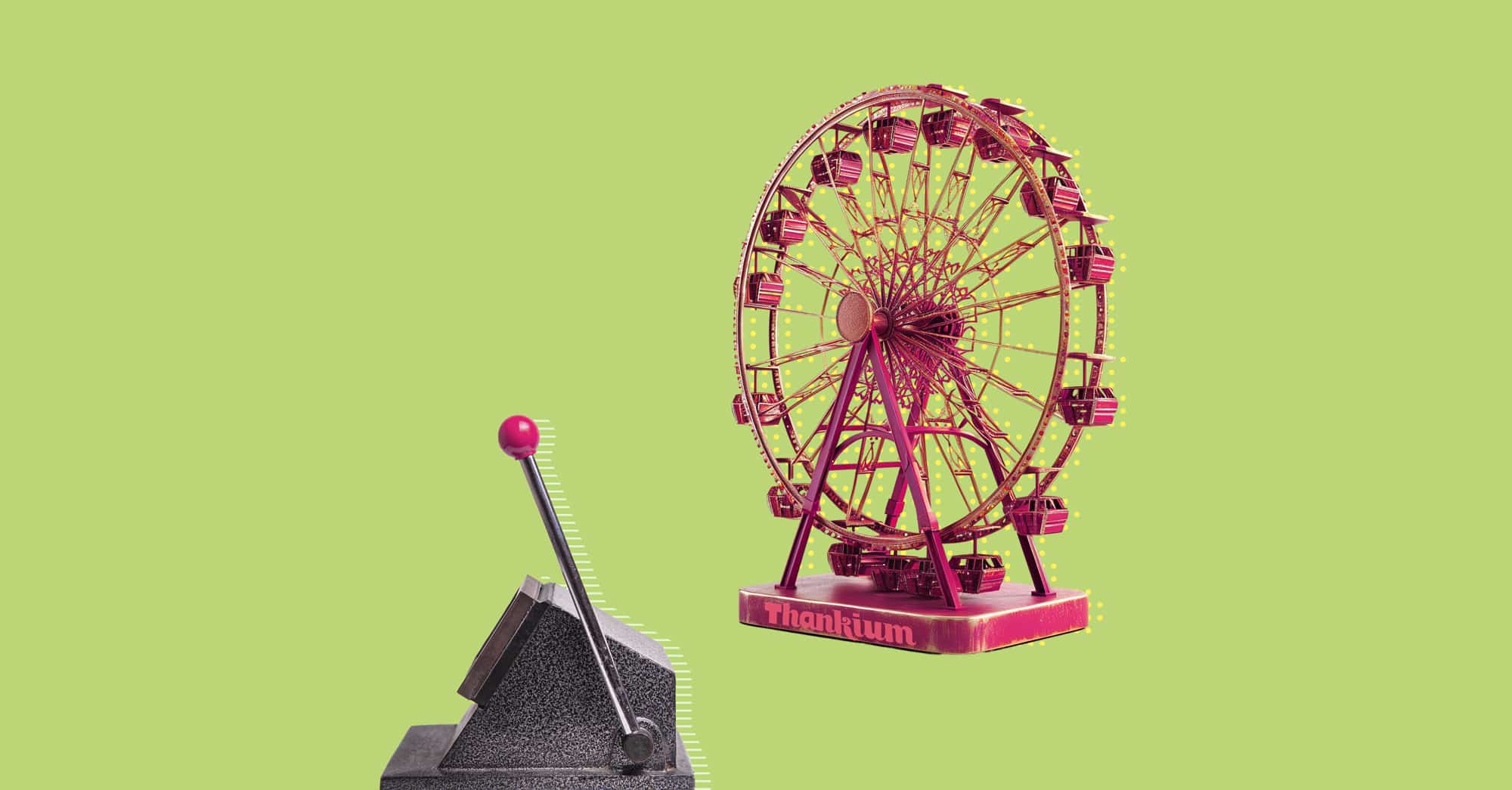 Rueda de la fortuna roja con palanca en fondo verde vibrante.