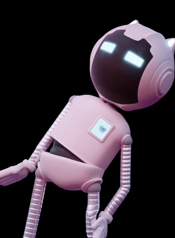 Puno Pink robot character with illuminated eyes against a black background.
