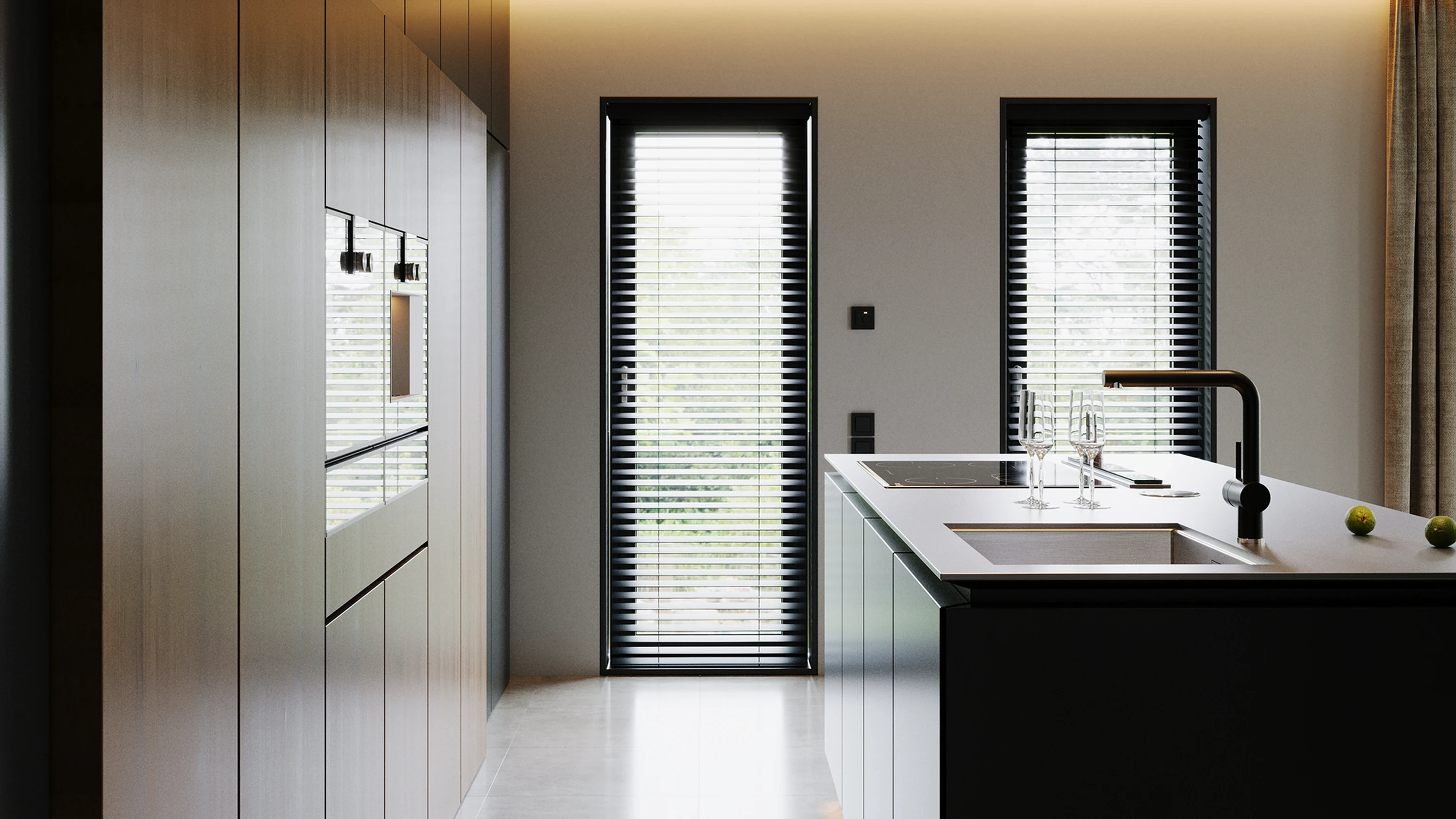 Cuisine — crédence minérale et éclairage sous meuble.