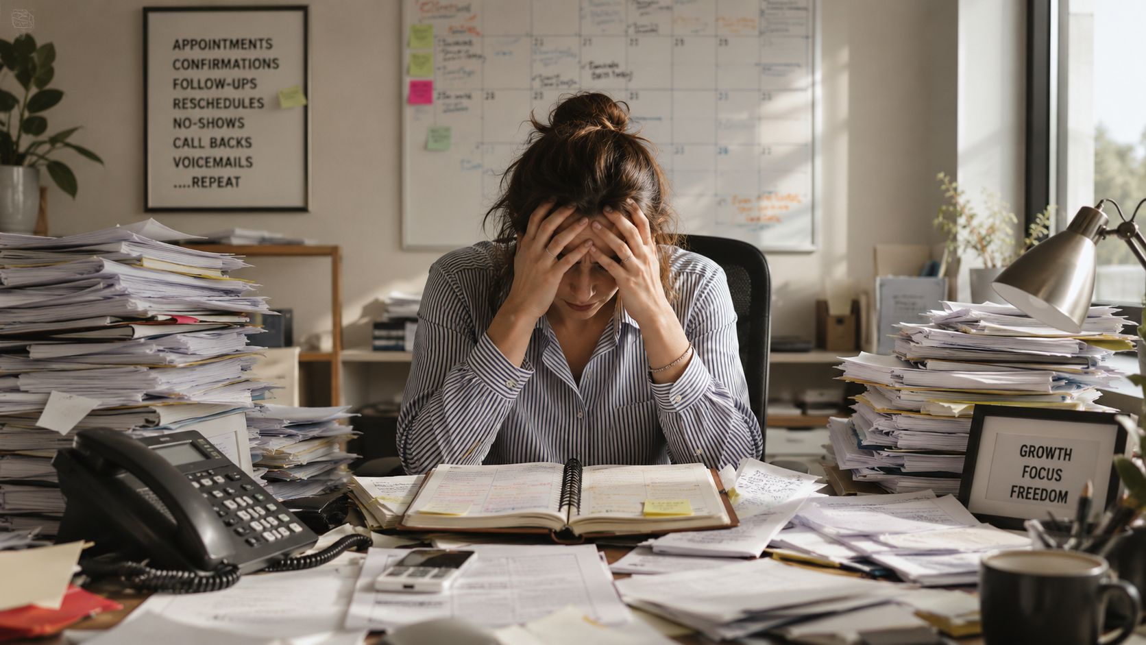 A stressed woman sitting at an office desk surrounded by large stacks of paperwork and office supplies.