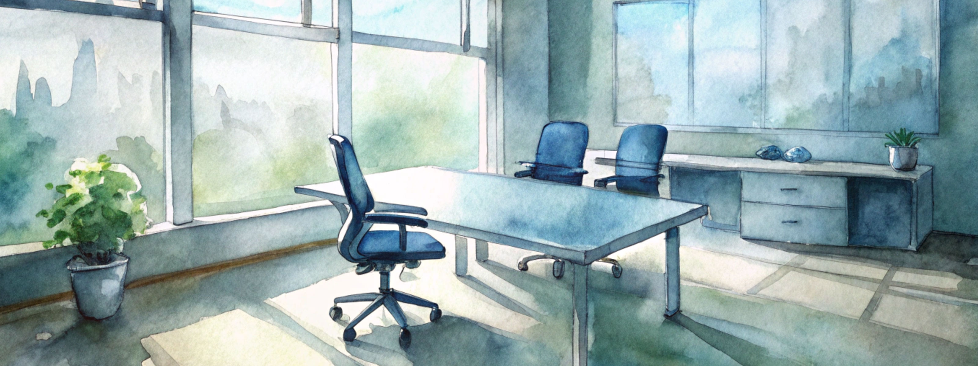 A watercolor painting depicting an office scene of people working on paperwork.
