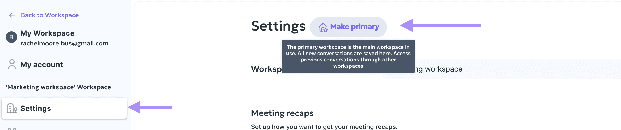 how to set primary workspace