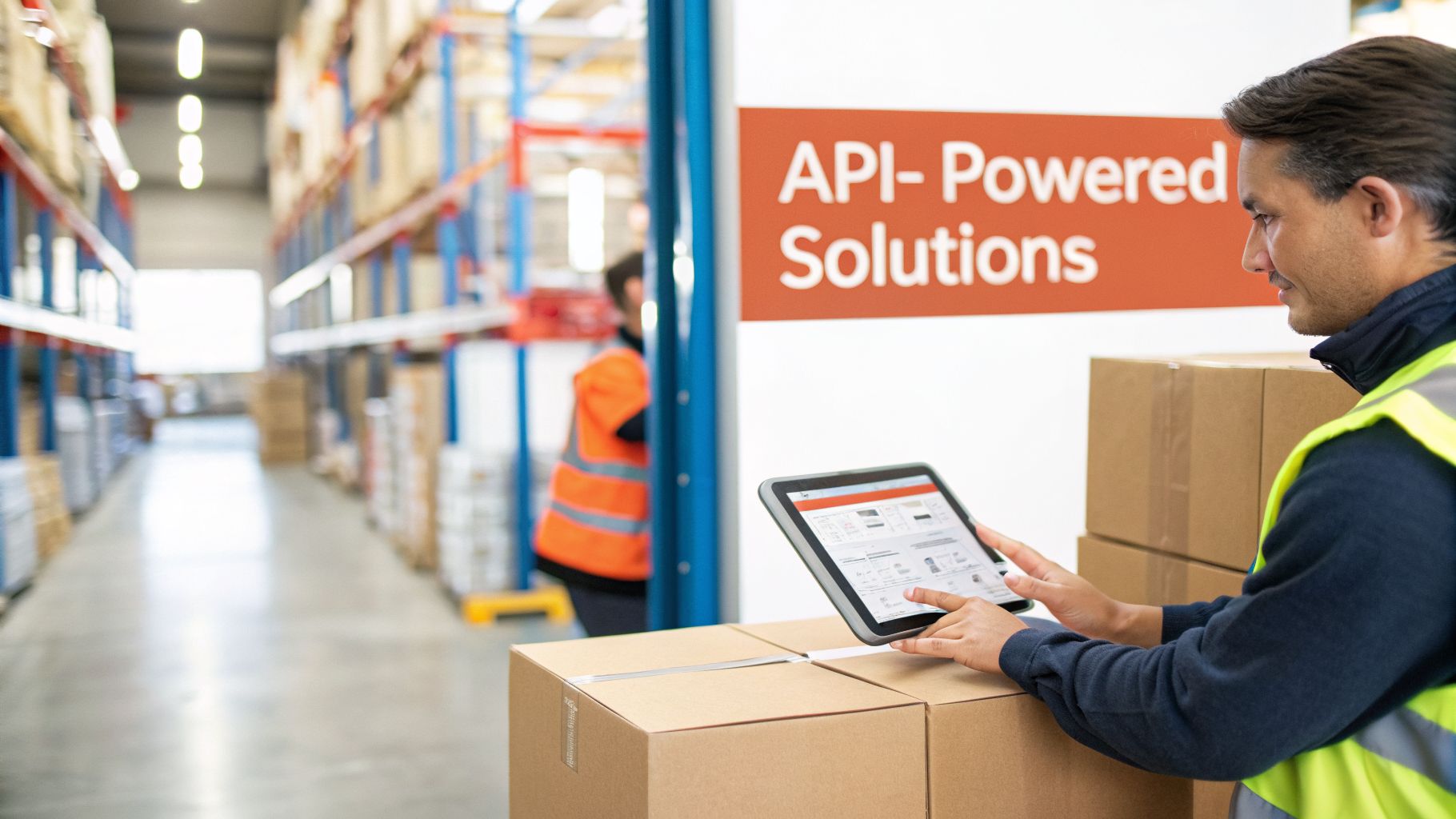 A man in a high-visibility vest uses a tablet next to cardboard boxes in a warehouse, with an 