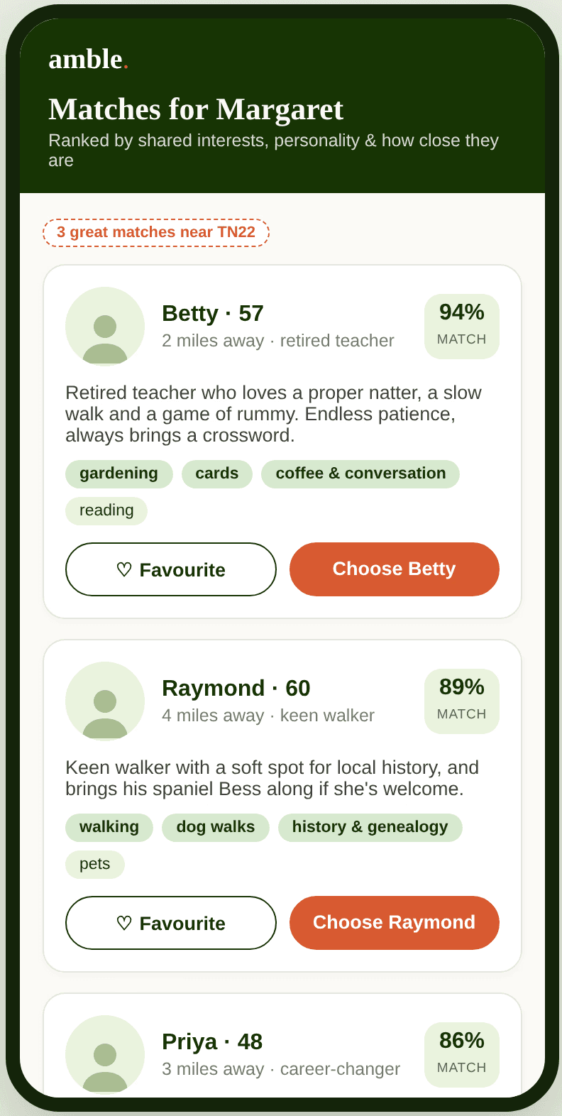 Preview screenshot of the Amble app showing example companion matches