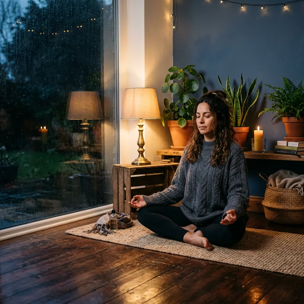 Woman meditating in a cozy room with plants and warm lighting.