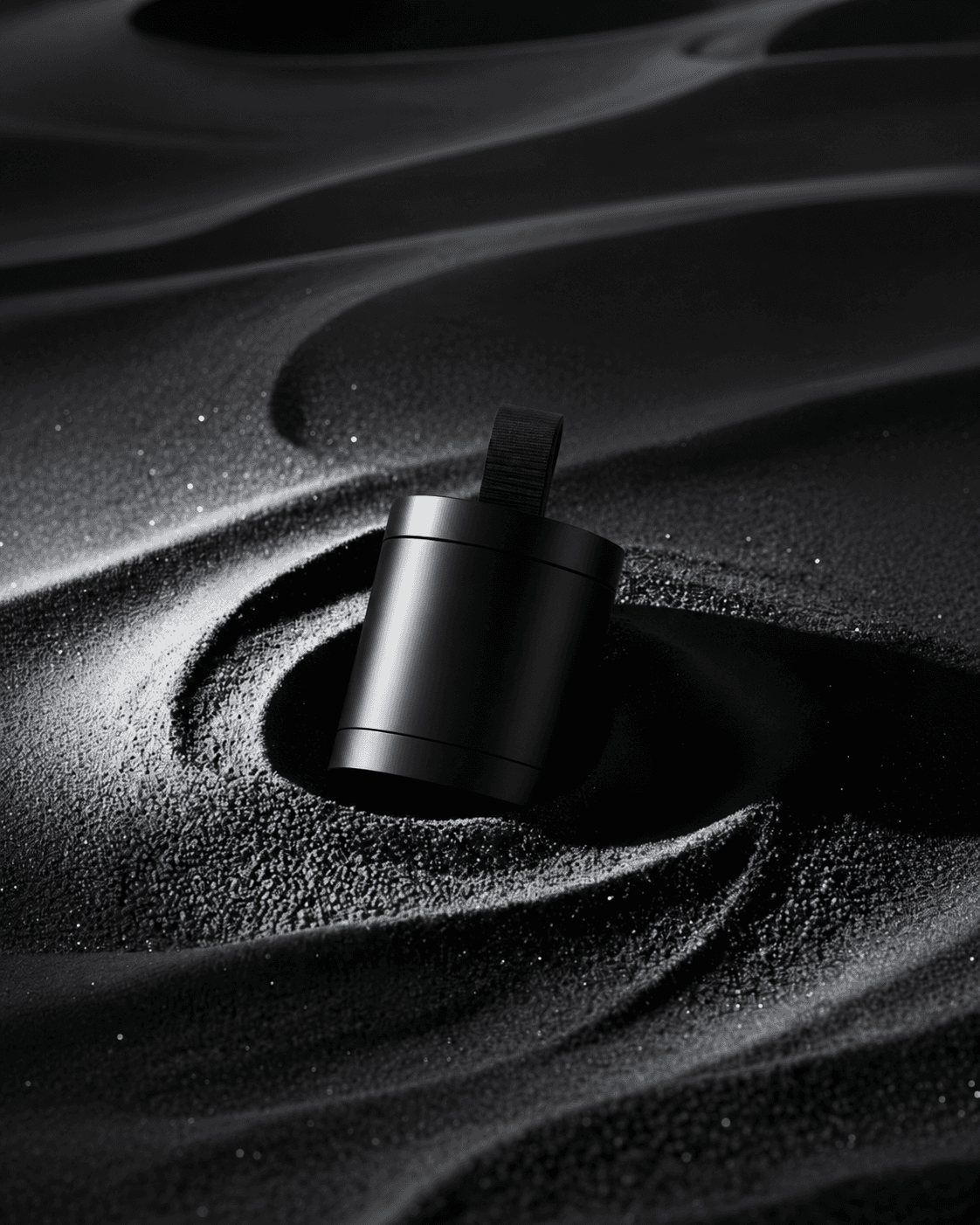 Black bottle half-buried in swirling dark sand