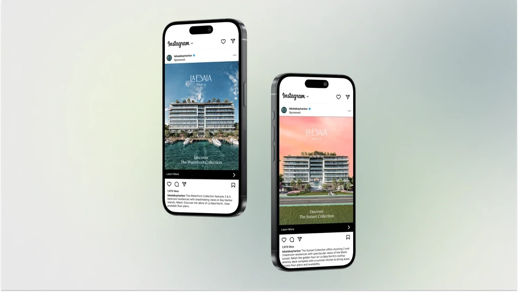 Two phones showing La Baia's Waterfront and Sunset Collection