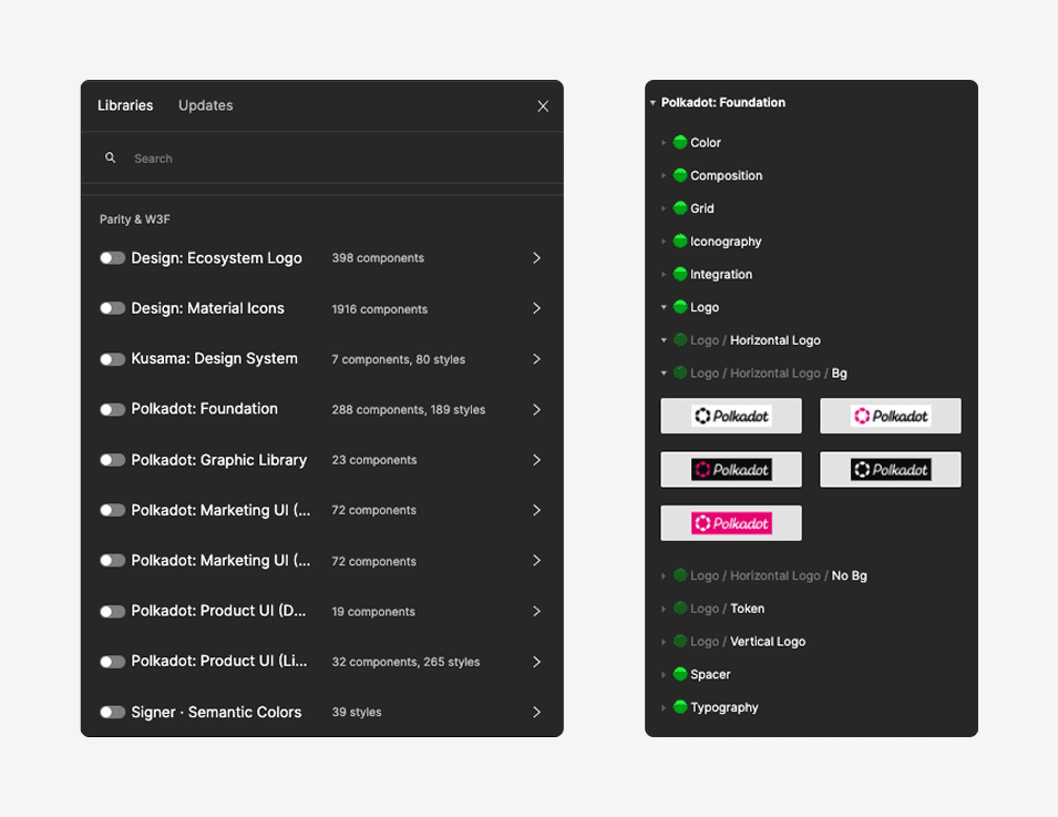A full-page web design layout for a tech event featuring a "Hero Section" placeholder, a partner logo cloud with brands like Kusama and Ethereum, a data-driven "Trusted by developers" section, and a detailed event agenda table followed by a comprehensive multi-column site footer.