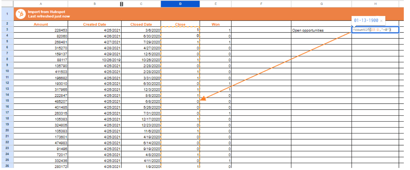 formula counts rows where the value in the "Closed" column is 0