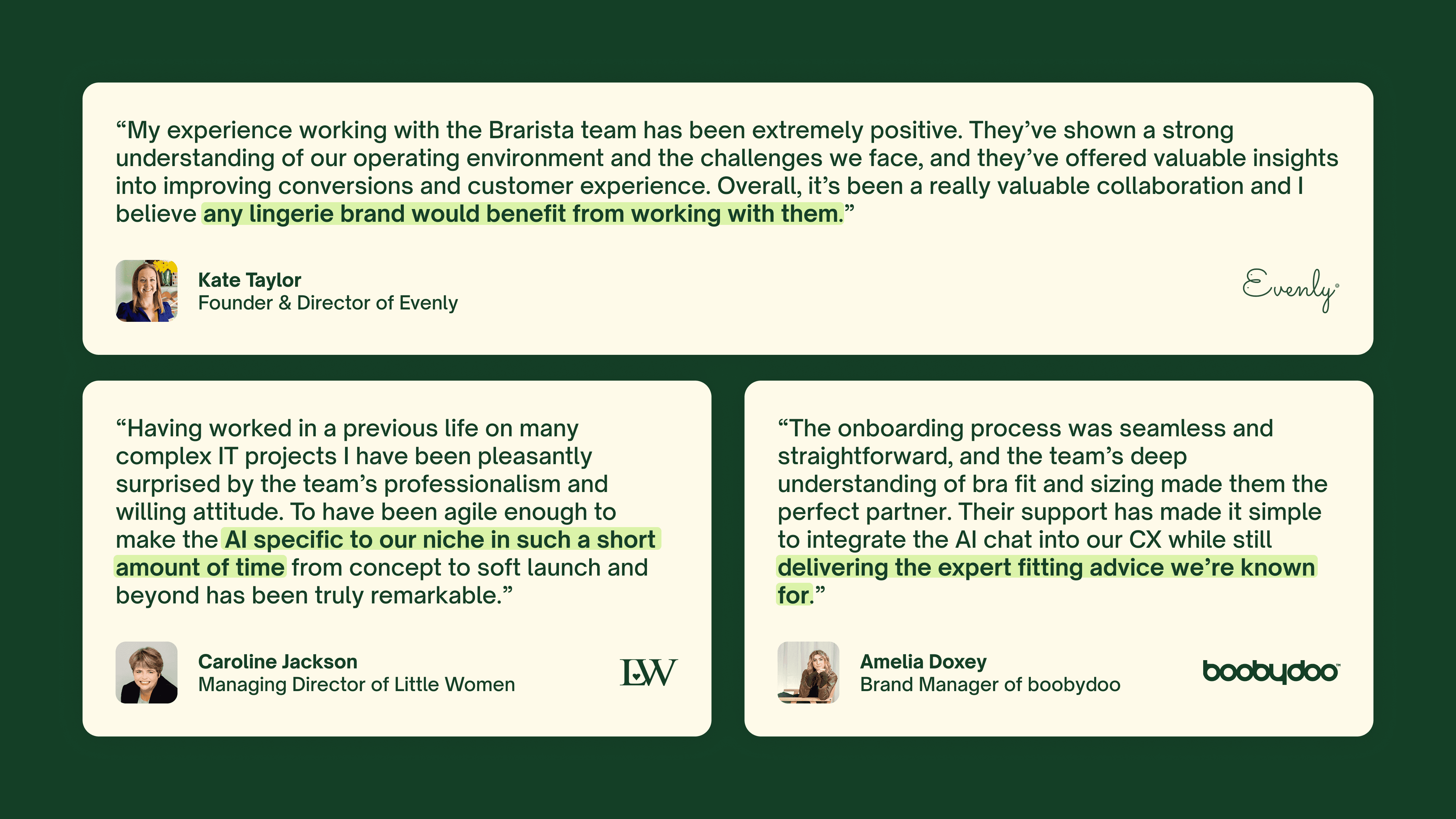 Client testimonials praising Brarista's onboarding process and ongoing support