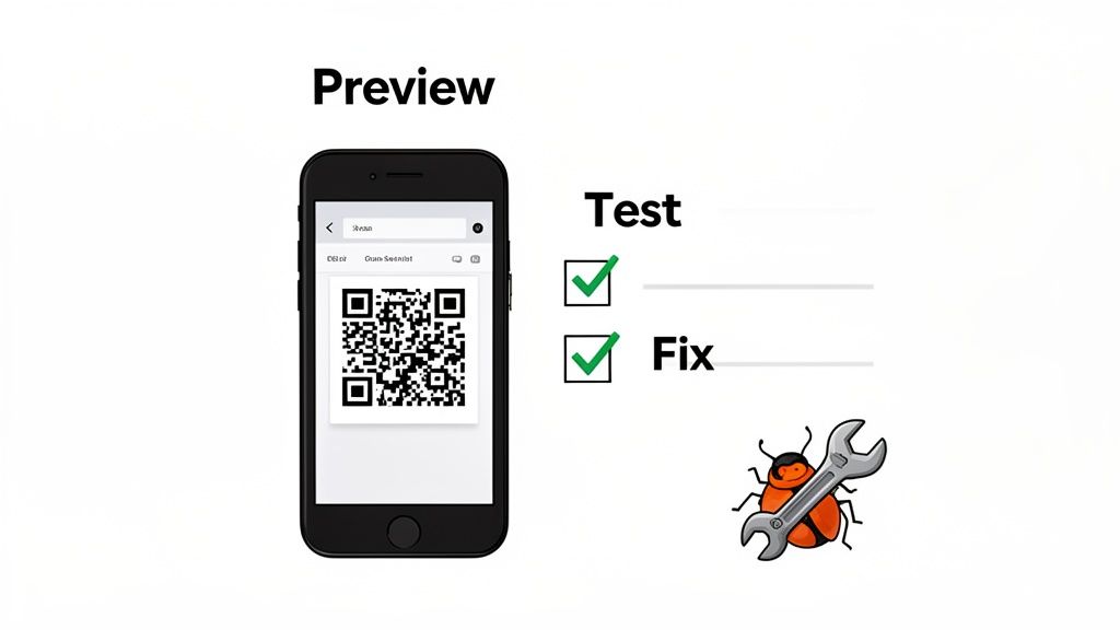 A smartphone displaying a QR code, with 'Test' and 'Fix' checked, and a bug with a wrench.