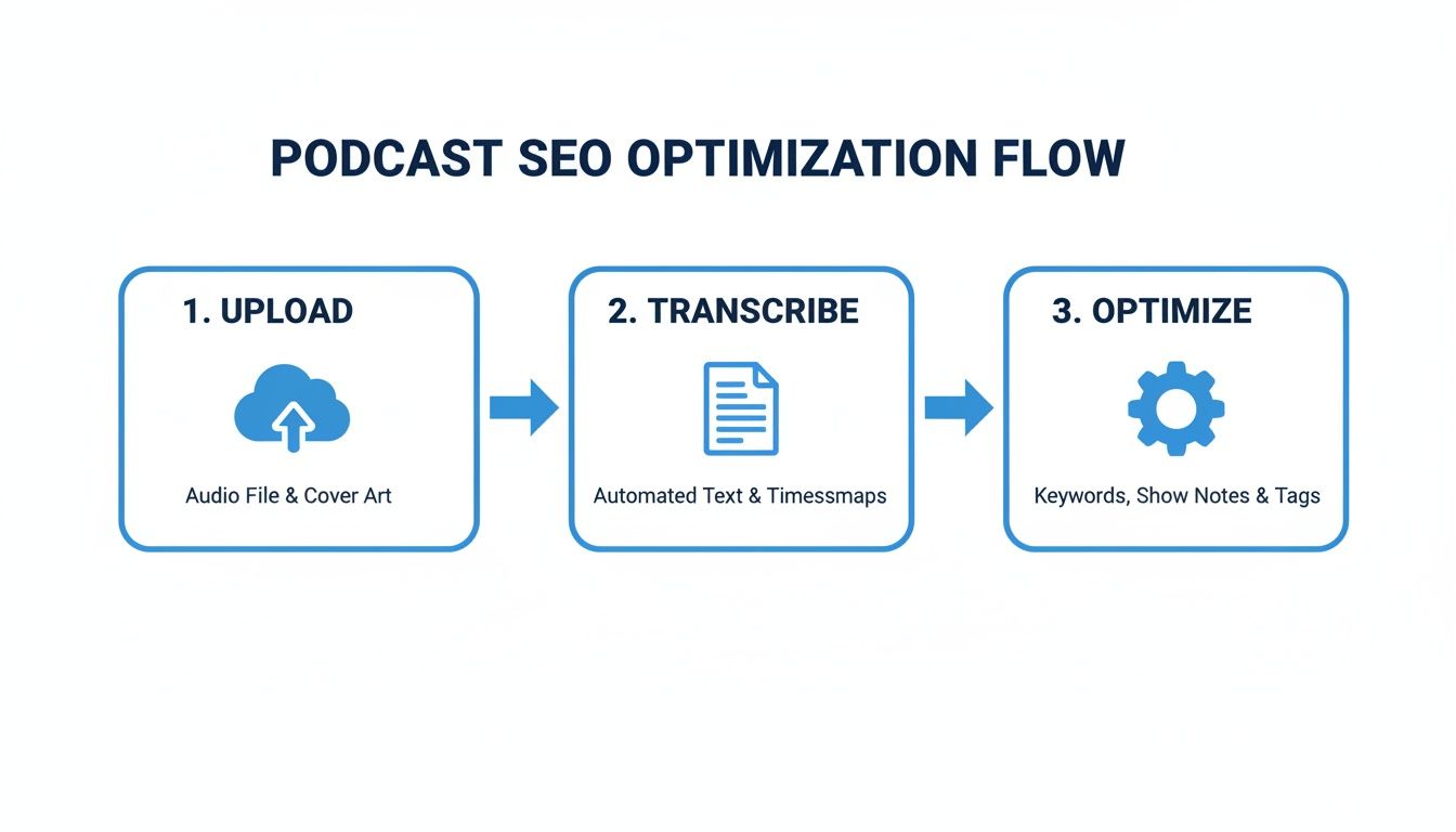Flowchart showing three steps for podcast SEO optimization: upload, transcribe, and optimize content.