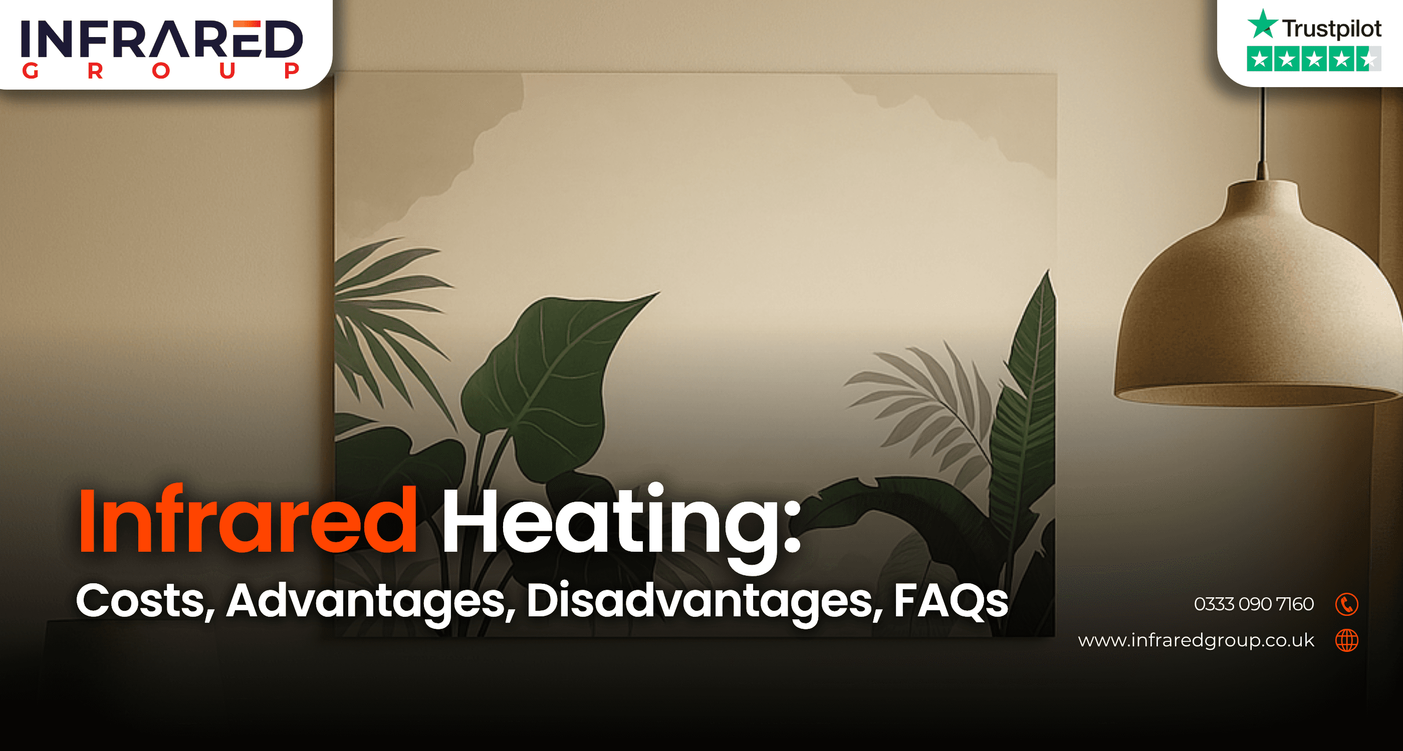 A photo of a rectangular infrared heating panel on the wall of a modern, minimalist, sleek, cream dining room with a link to the blog post "Infrared Heating: Costs, Advantages, Disadvantages, FAQs"