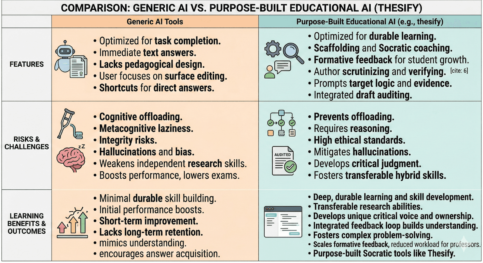 A comparison table between generic AI tools and purpose-built educational AI like thesify. It contrasts features (task completion vs. durable learning), risks (cognitive offloading vs. reasoned iteration), and outcomes (short-term performance boosts vs. deep skill development and preserved author agency).