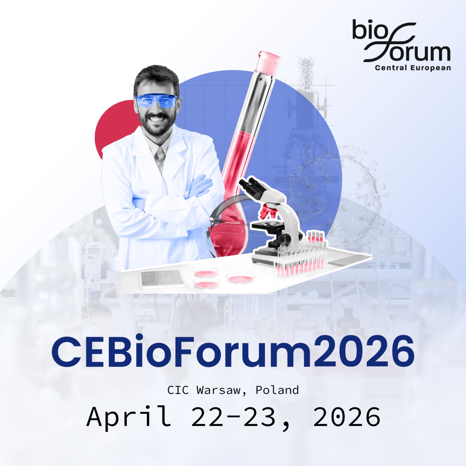 Blue red color poster with a scientist man and sience equipment below the infos of the cebioforum