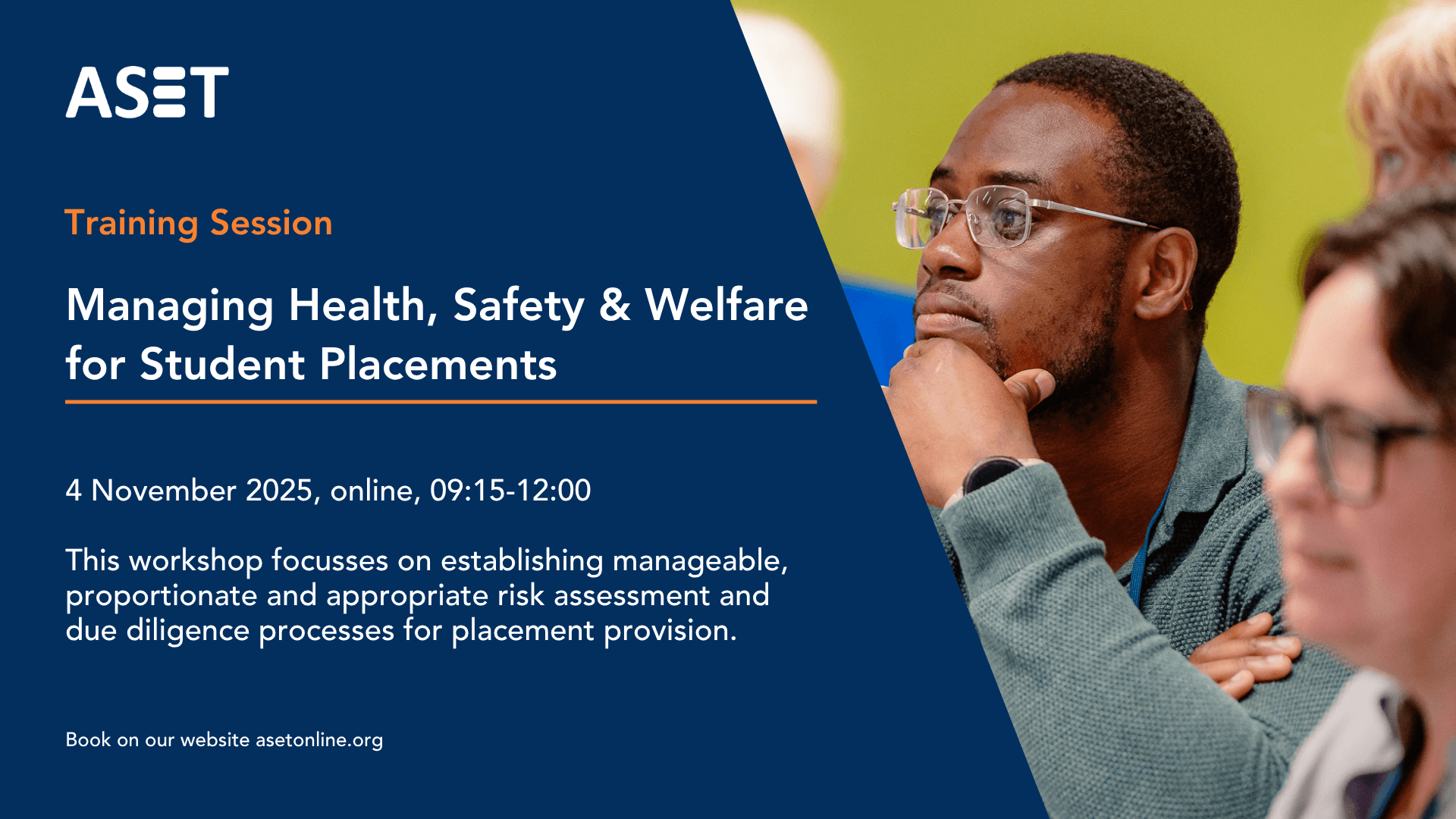 Graphic to promote an ASET training session featuring a man wearing glasses looking thoughful.